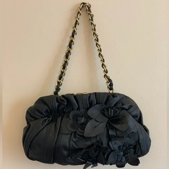 Adrienne Vittadini Black Leather Bag Purse with Leather Flowers - Picture 2 of 11